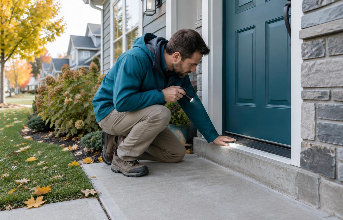 Homeowner checking the front door threshold of a Canadian house in fall