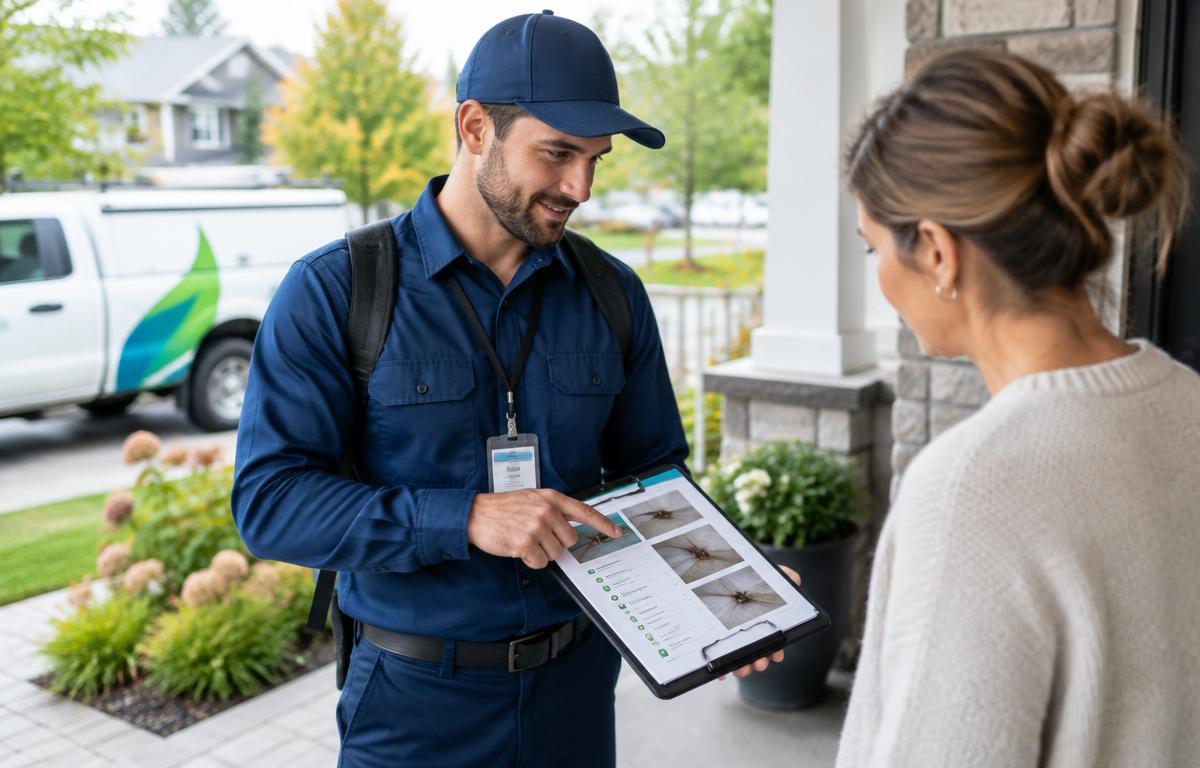 Pest-control technician discussing an inspection report with a homeowner
