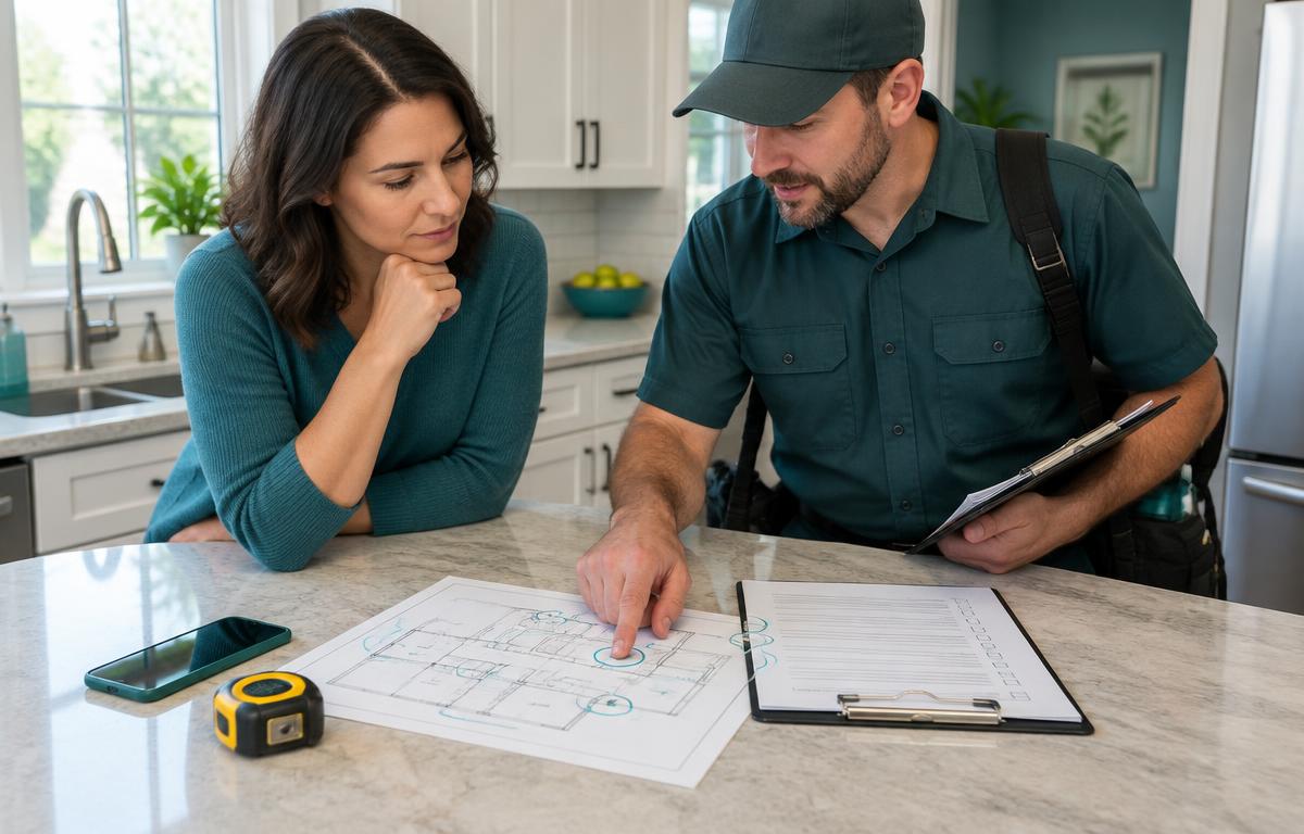 Homeowner reviewing a pest-control quote and inspection notes with a technician