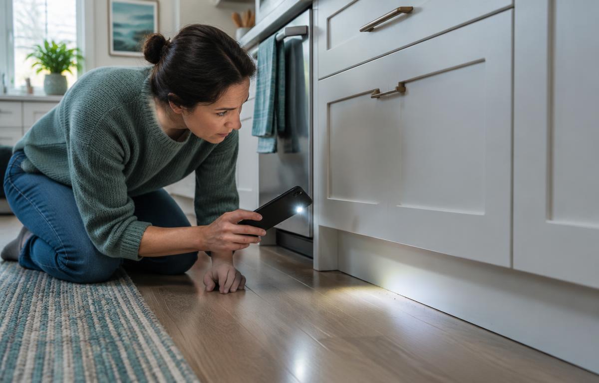 Homeowner using a phone light to inspect a kitchen baseboard