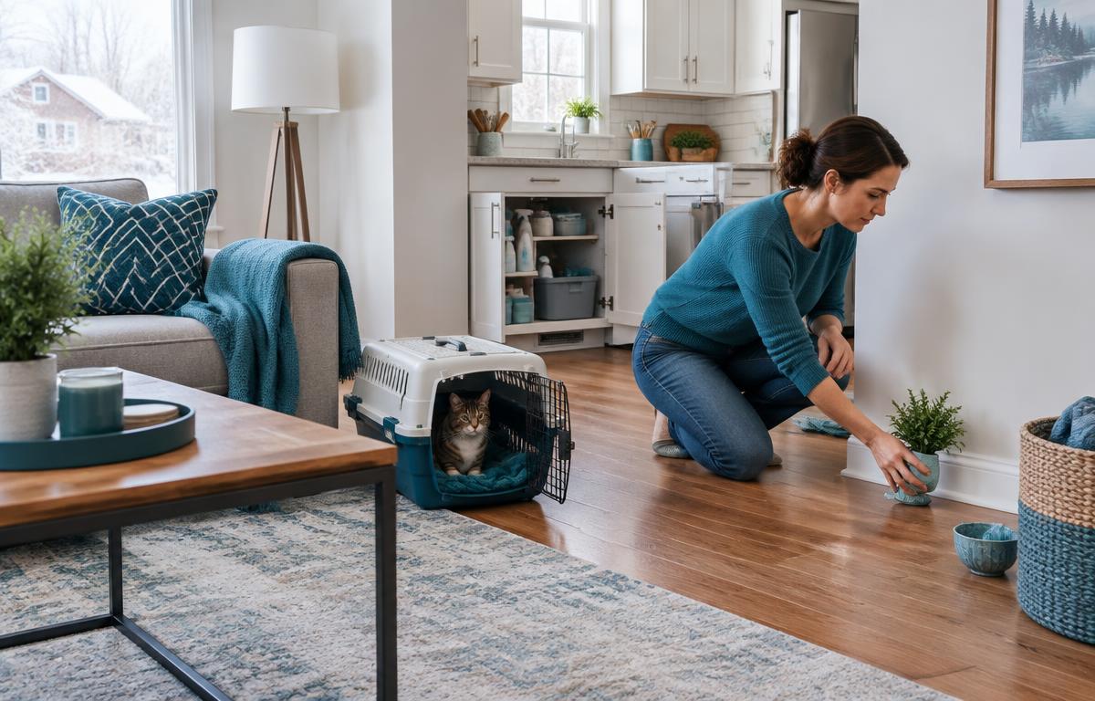 Homeowner moving household items away from a baseboard before a pest-control visit