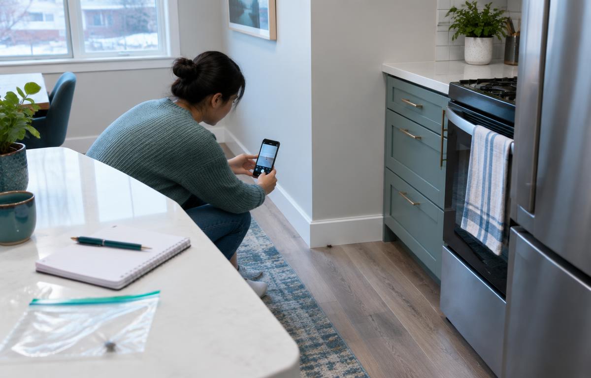 Apartment resident documenting a possible pest sign near a kitchen baseboard